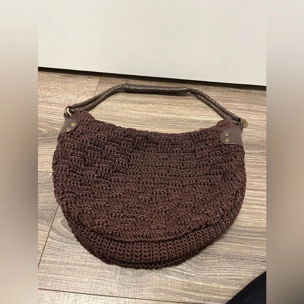 The Sak  Brown Crochet Knit Purse Satchel Half Moon Bag Medium Size